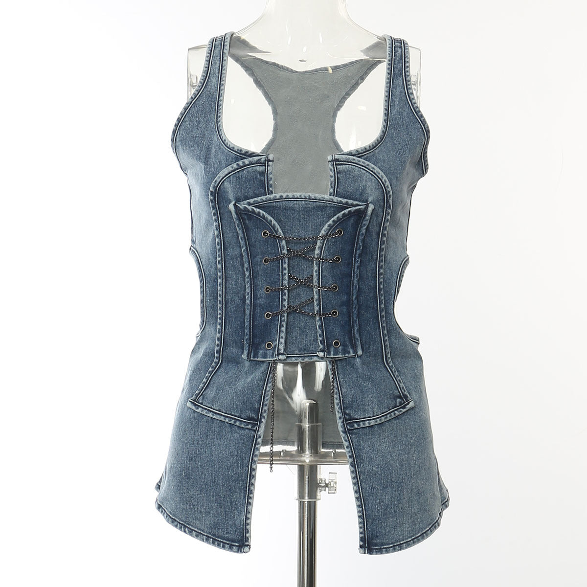 's Super Elastic Denim Washed Hollow Out Cutout See Through