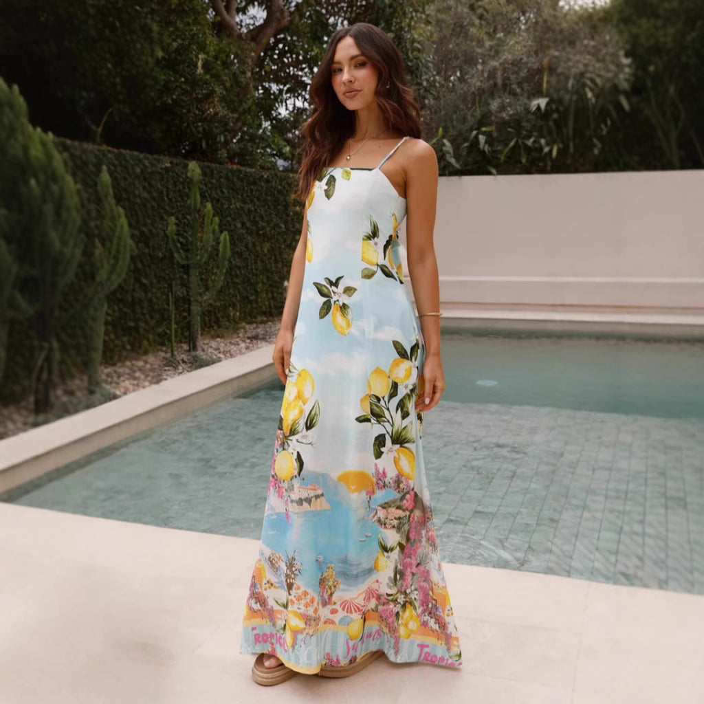 Summer Positioning Printing French Elegant Strap Dress for