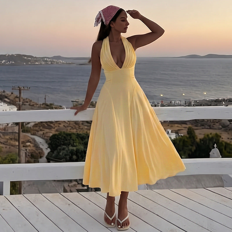 Women's Deep V Lace-Up Halter Dress