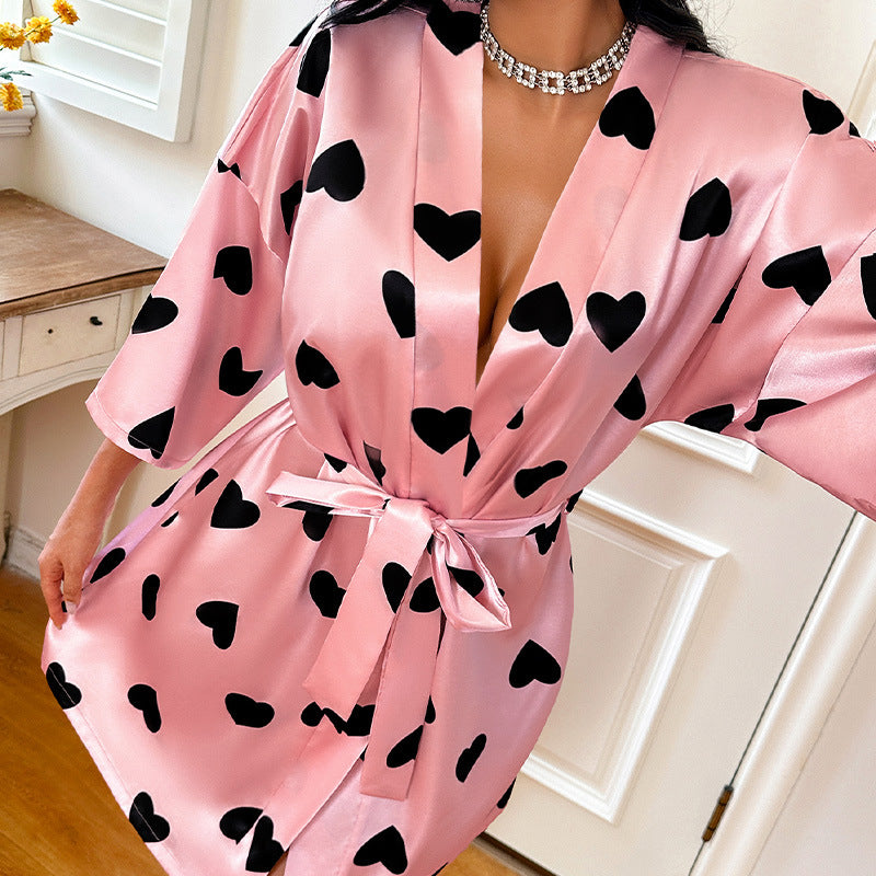 Bathrobe Heart Printing Lace Up Nightgown Home Pajamas Home Wear