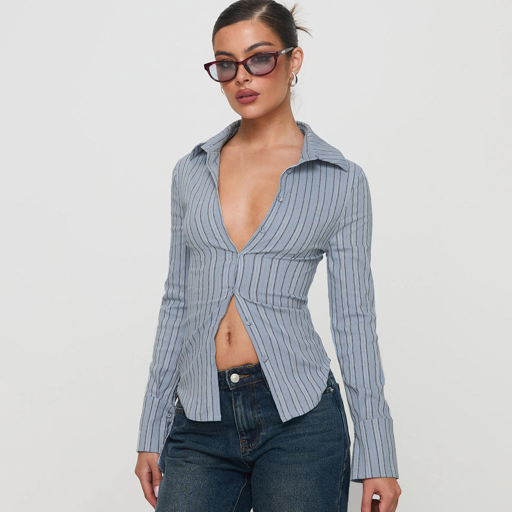 Women's Office Autumn Winter Striped Waist Trimming Shirt Collared Single Breasted Slim Fit Long Sleeved Shirt Women