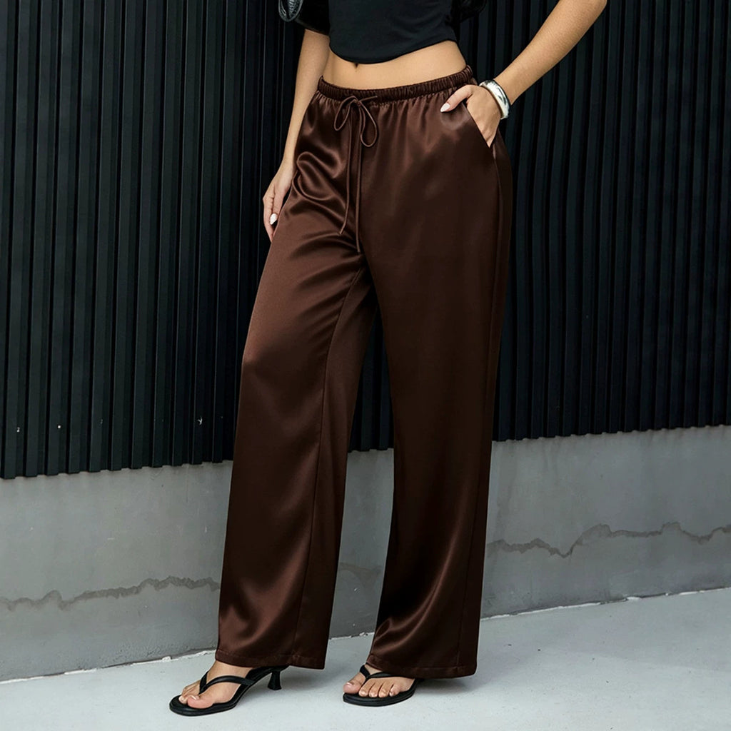 Satin Wide Leg Pants Wear Casual High Waist Elastic Skirt
