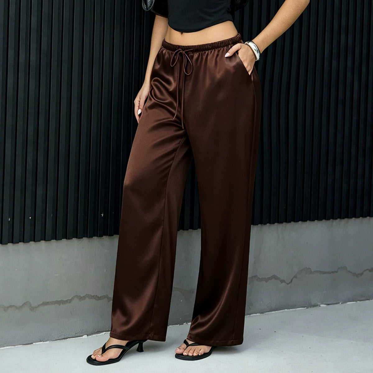 Satin Wide Leg Pants Wear Casual High Waist Elastic Skirt