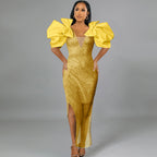 Women's V-Neck 3d Bow Sequin Puff-Sleeve Split Bodycon Maxi Dress
