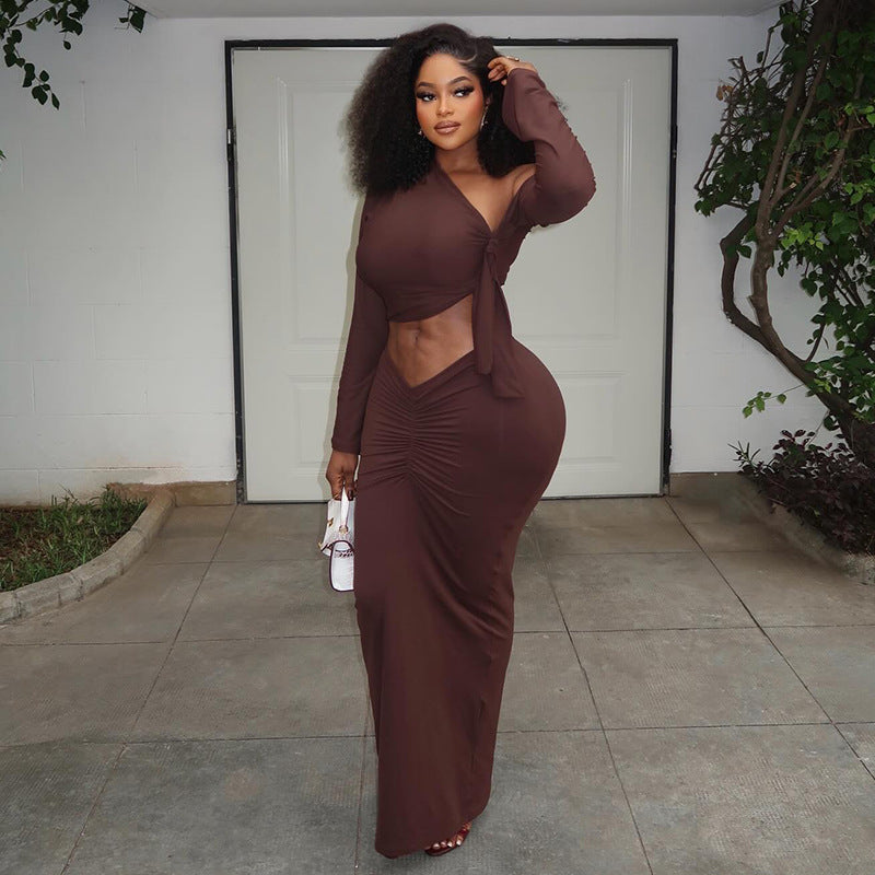 Women's Pleated Long-Sleeve Two-Piece Skirt Set