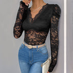 Solid Color Lace Long Sleeve Jumpsuit