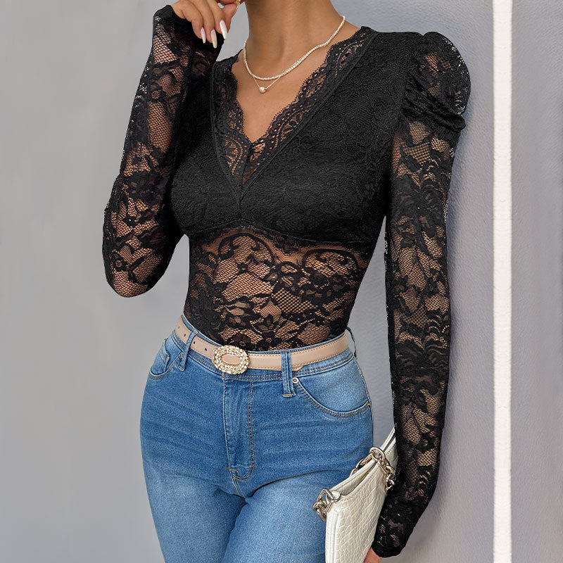 Solid Color Lace Long Sleeve Jumpsuit