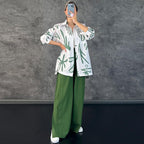 Women's Casual Long Sleeve Printed Shirt High Waist Slit Wide Leg