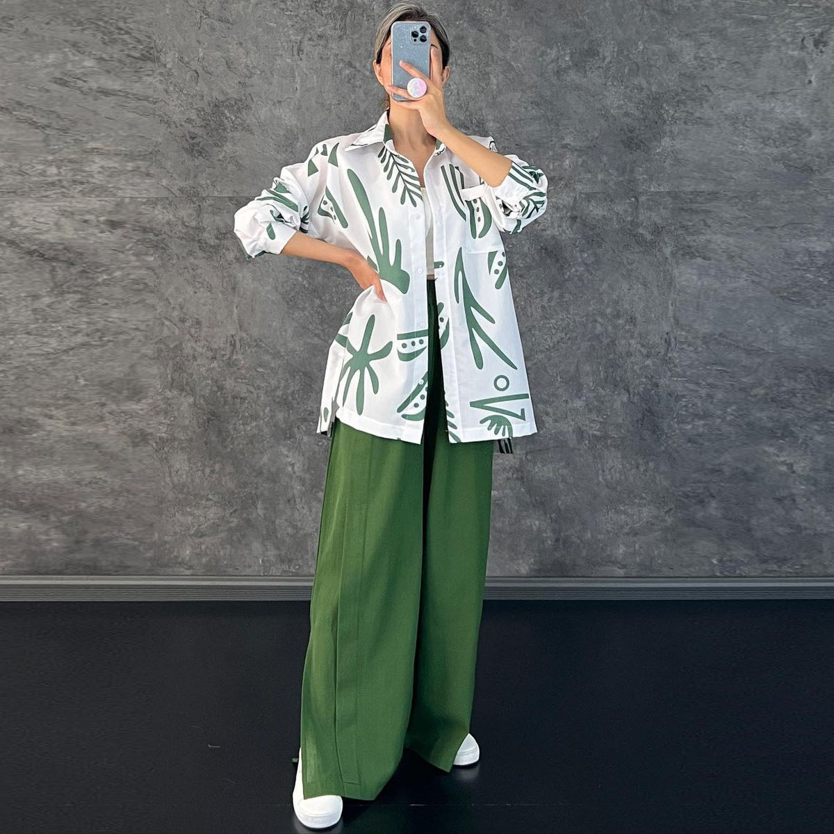 Women's Casual Long Sleeve Printed Shirt High Waist Slit Wide Leg