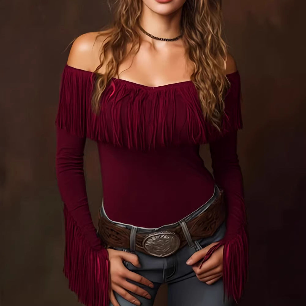 Women's Spring Autumn Women Clothing Tassel Top Long Sleeve Retro Tight Sexy