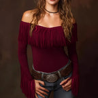 Women's Spring Autumn Women Clothing Tassel Top Long Sleeve Retro Tight Sexy