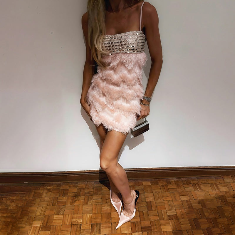 Women's Backless Sling Fur Stitching Sequ Dress