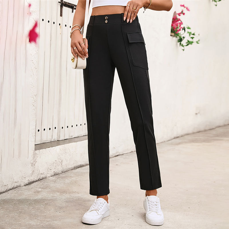 HW Knit Button Cargo Pocket Straight Leg Pants Office Slim