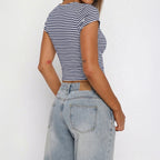 Women's Women Clothing Summer Sexy Striped Square Collar Tight T Shirt