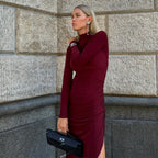 Solid Color Half High Collar Long Sleeves Slit Long Dress