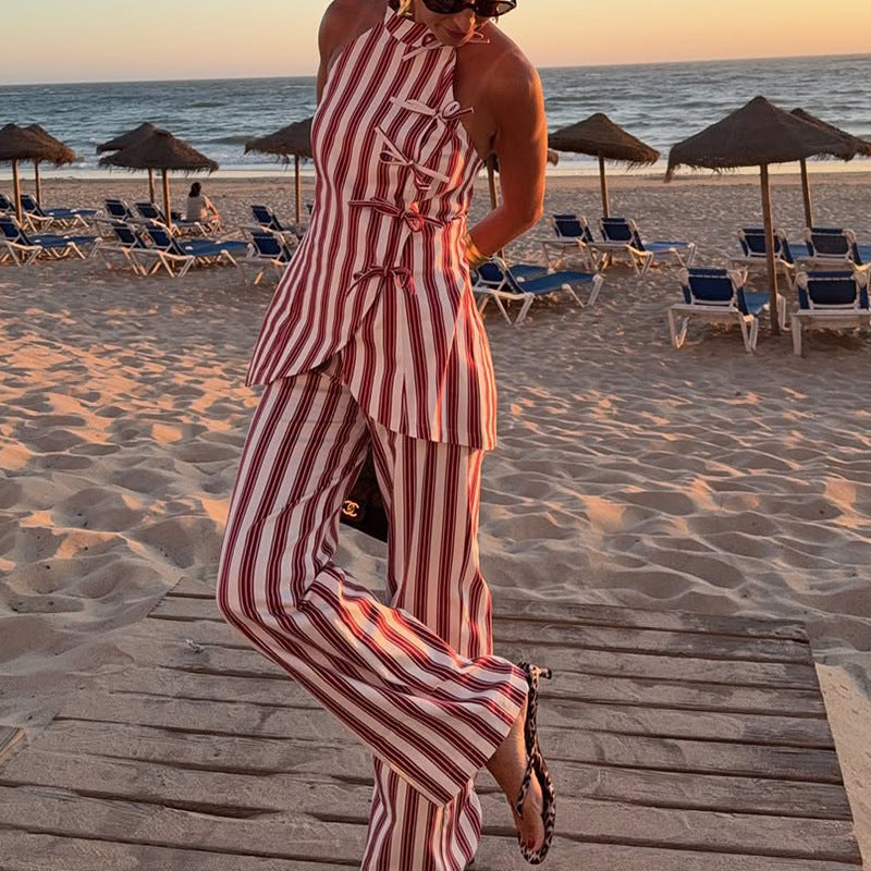 Vacation Striped Women Summer Halter Sleeveless Bow Lace up Trousers Casual Two Piece Set