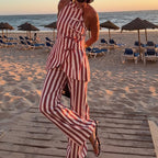 Vacation Striped Women Summer Halter Sleeveless Bow Lace up Trousers Casual Two Piece Set