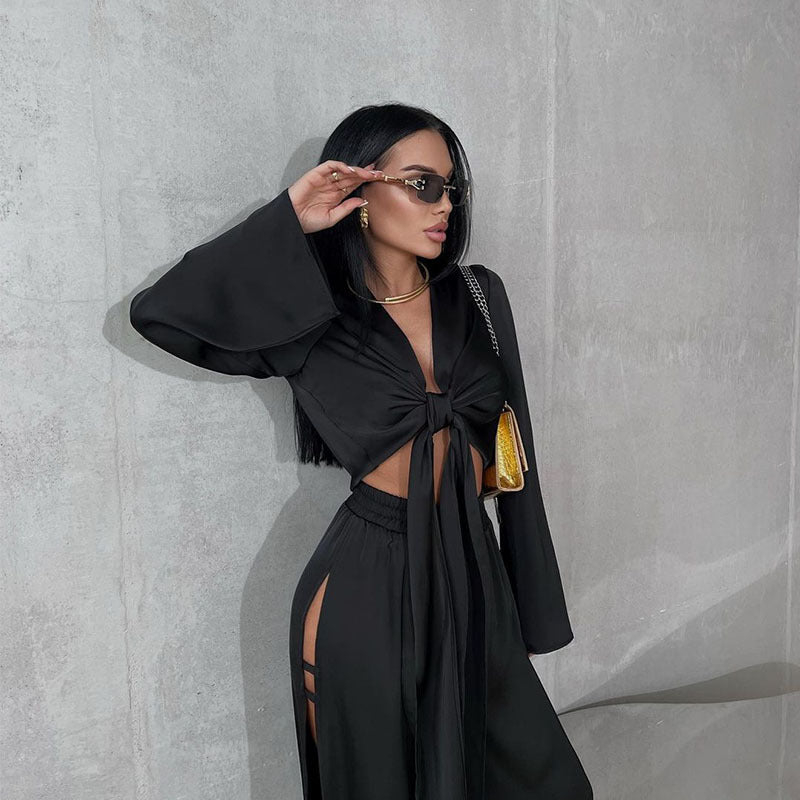 Autumn Elegant Tied Top Hollow Out Cutout Split Long Sleeve