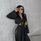 Autumn Elegant Tied Top Hollow Out Cutout Split Long Sleeve