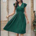 Women's Smocked V-Neck Flutter Sleeve Midi Dress