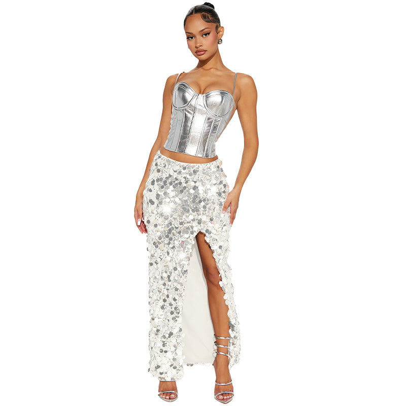 Wear Sequin Slit Half Length Sequin Maxi Skirt