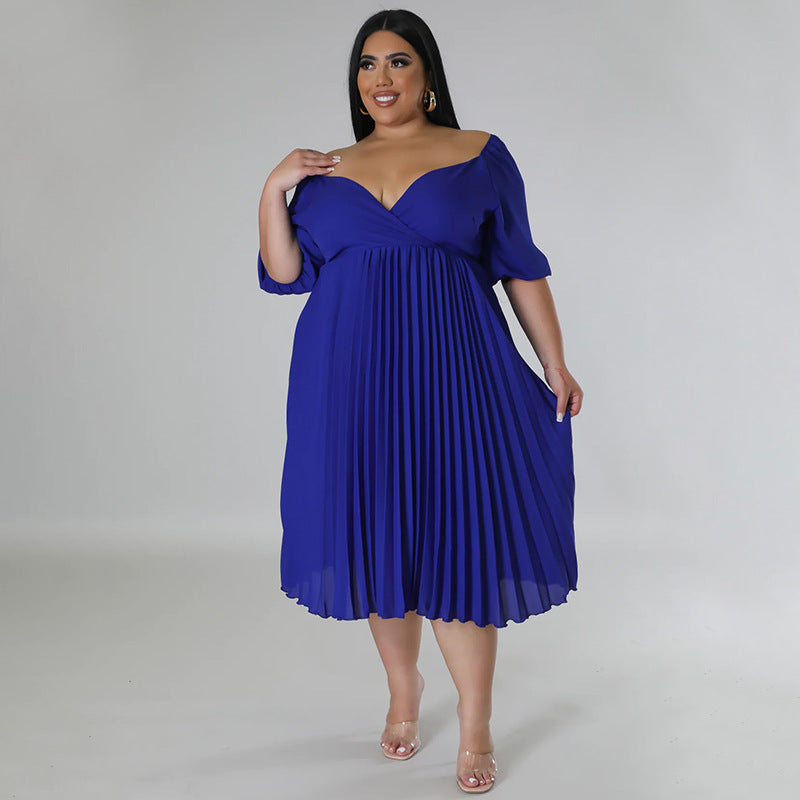 Plus Size Pleated V-Neck Midi Dress
