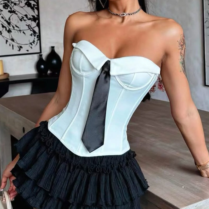 's Street Shooting Wrapped Chest Tie Solid Color Vest Boning