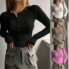 Women’s Black Ribbed Button Front Long Sleeve Top