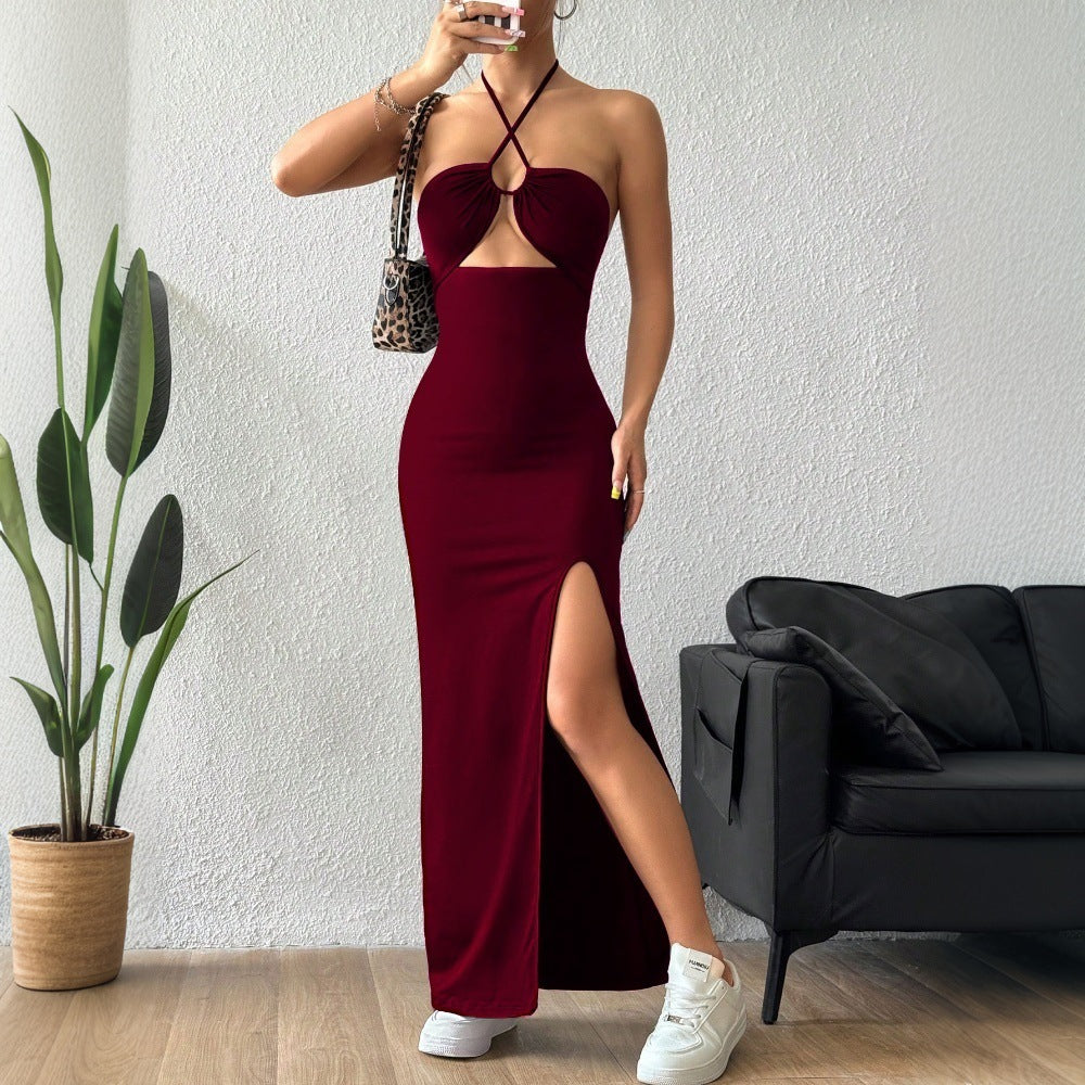 Women's Halter Ruched Split Maxi Dress