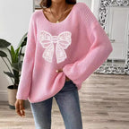 Bow Embroidered Patch Women Pullover Sweater Women Clothing off Neck off the Shoulder Flared Sleeves Sweater