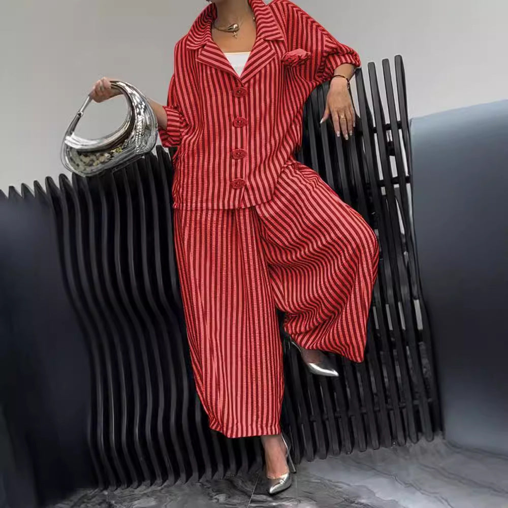 Women's Autumn Commuting Elegant Floral Stripes Loose Blazer Casual Sets