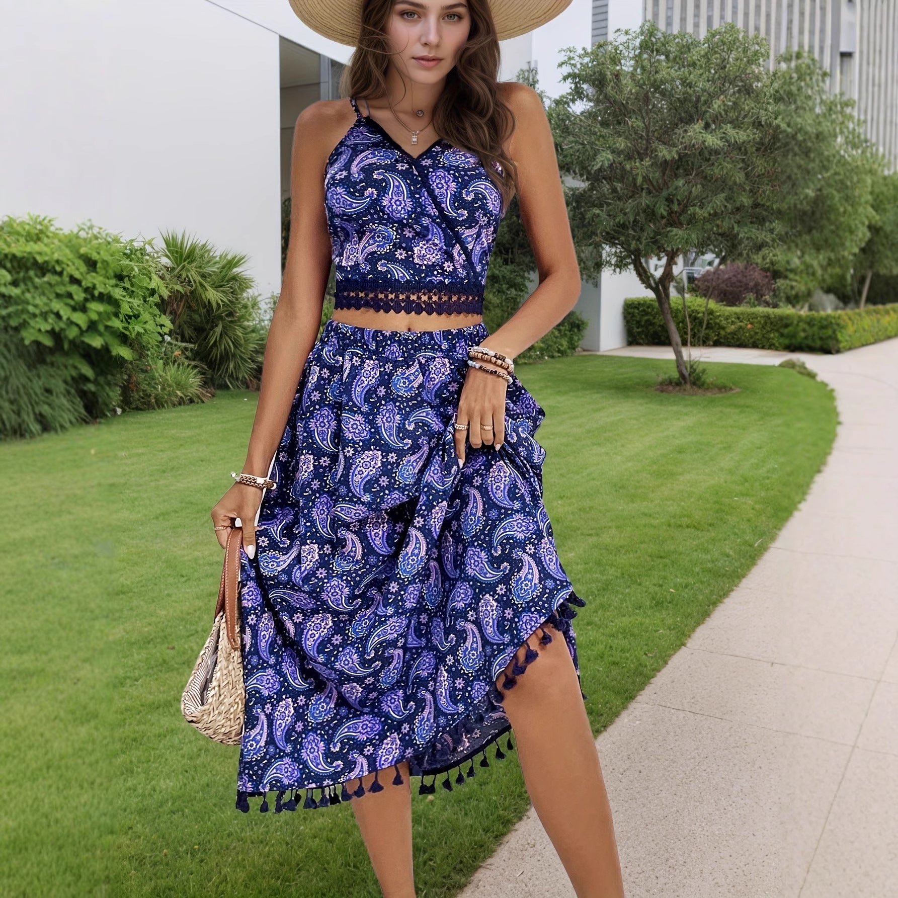 Printed Skirt Set Vacation Bohemian Backless Sexy SL
