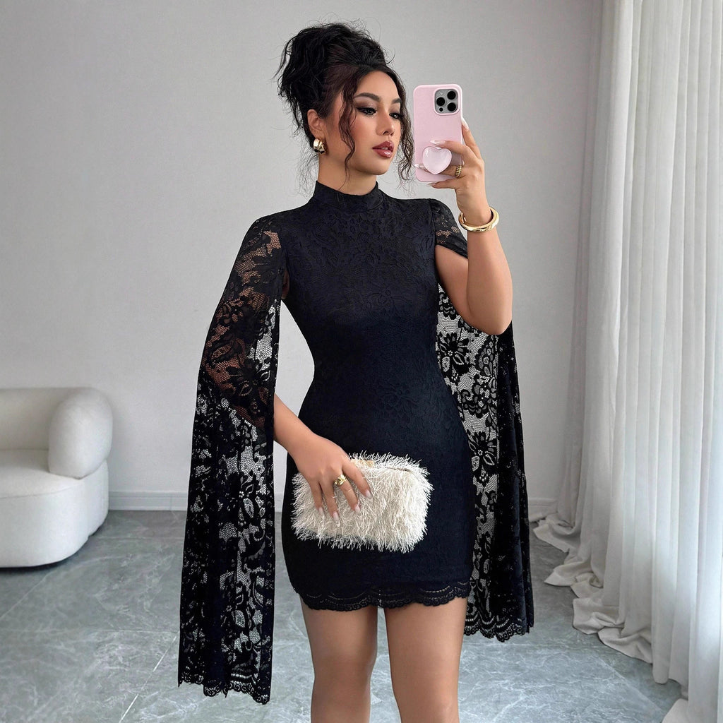 Lace Stand-Collar Long-Sleeve Dress