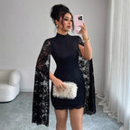 Lace Stand-Collar Long-Sleeve Dress
