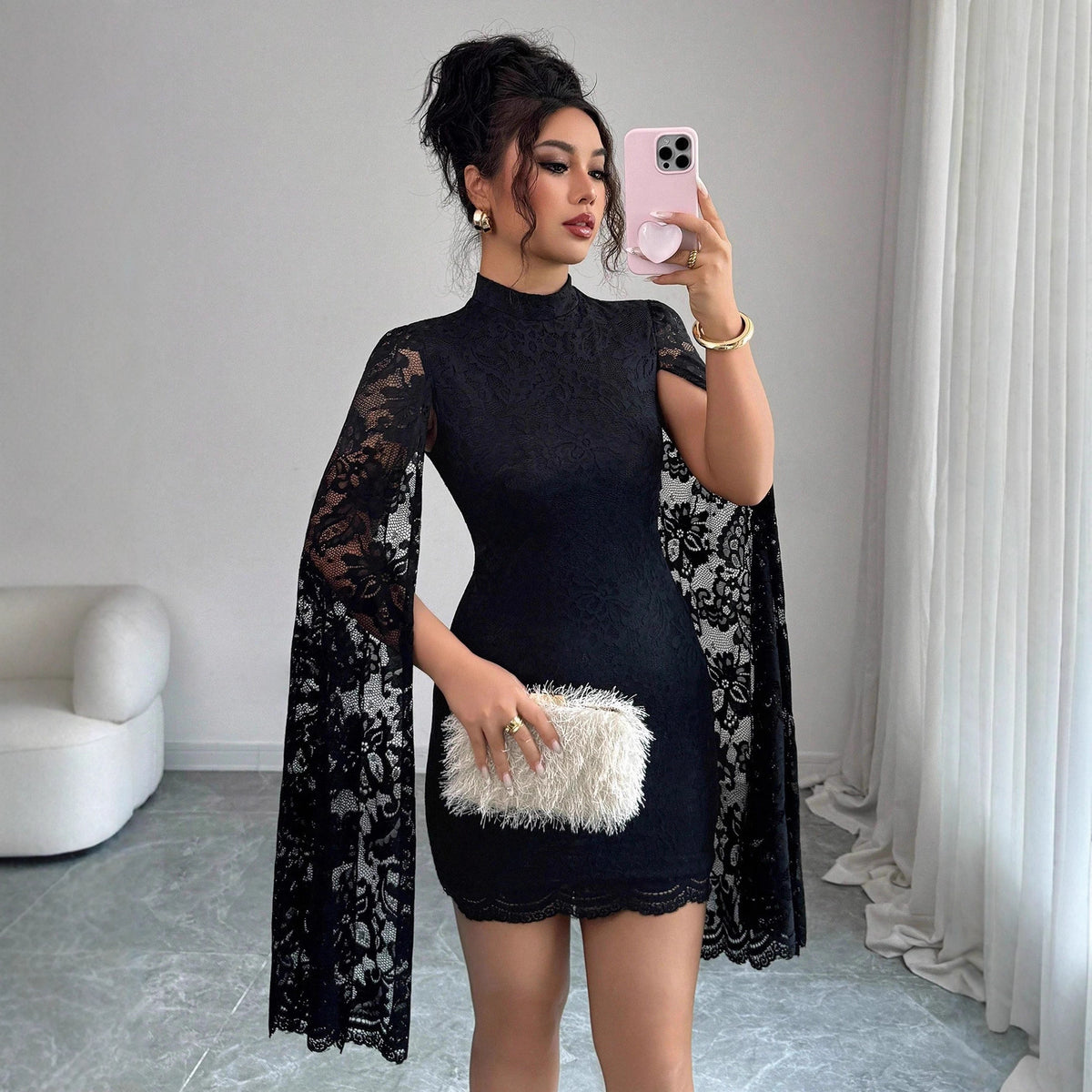 Lace Stand-Collar Long-Sleeve Dress