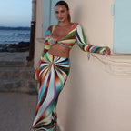 's Special Multicolor Wrapped Chest Long Sleeve U Collar Skirt Set