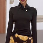 Autumn Women Top Stand Collar with Metal Pin Decoration