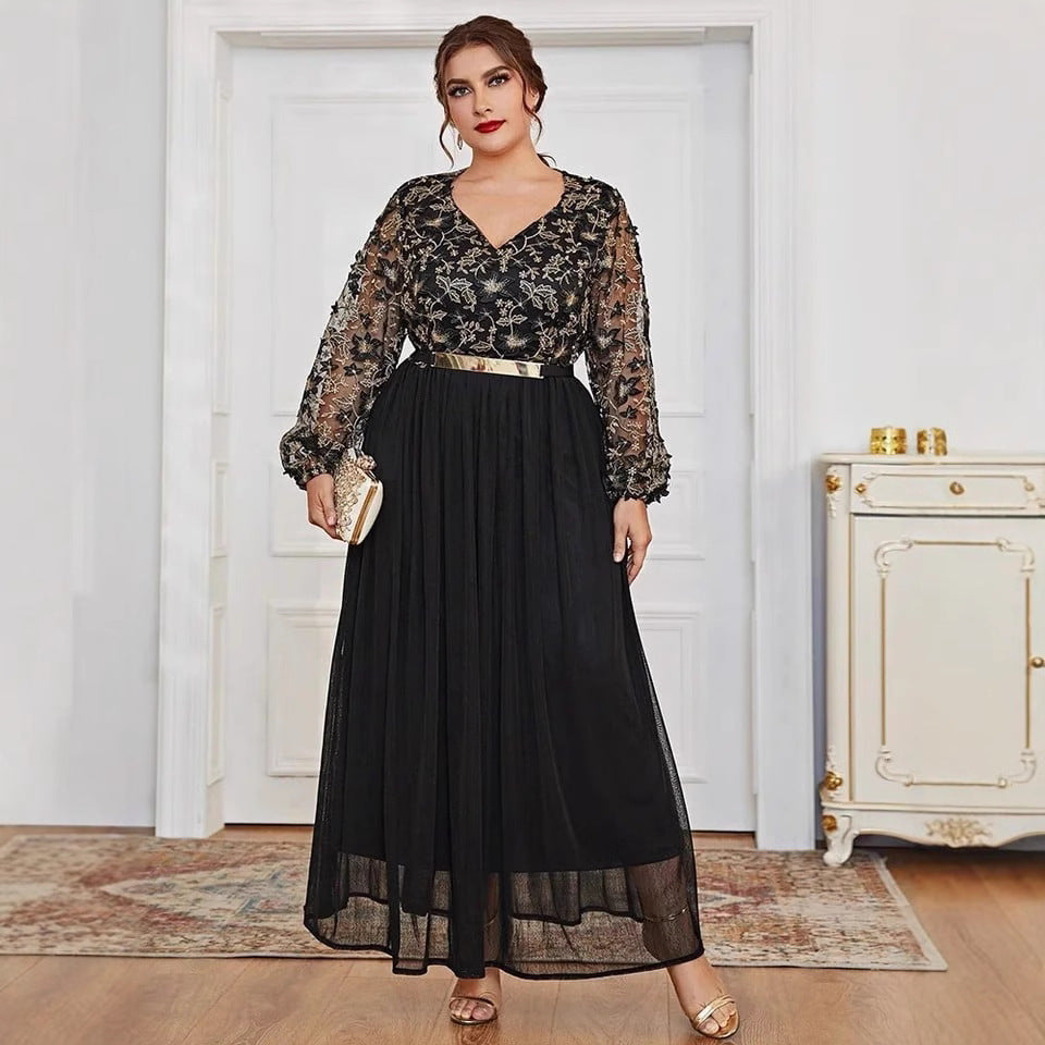 Women's V-Neck Floral Lace Belted A-Line Maxi Dress