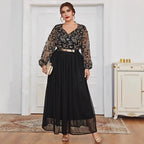 Women's V-Neck Floral Lace Belted A-Line Maxi Dress
