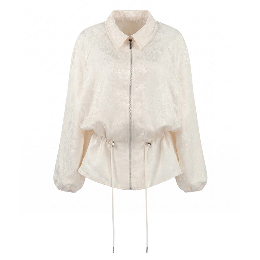 Apricot Texture Jacquard Waist Trimming Short Coat Women