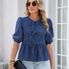 Denim Top round Neck Three Dimensional Bow Puff Short