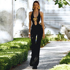 Women's Autumn Winter Halter Trousers Jumpsuit Golden Floral Sleeveless Backless