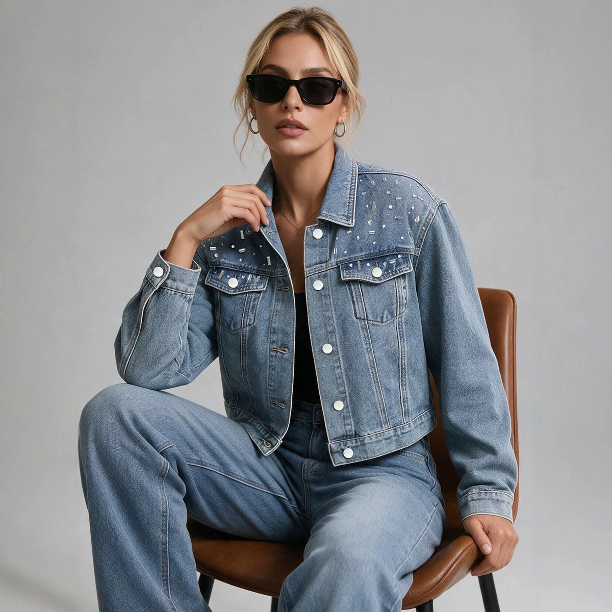 Spring Autumn Korean Beaded Short Loose Long Sleeves Denim Jacket