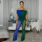 Women Clothing Shoulder Baring Mesh Pleated Color Matching Jumpsuit