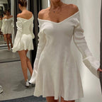 Off-Shoulder Trumpet-Sleeve Ribbed Knit A-Line Mini Dress