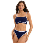 Coffee brown bikini with bandeau top and high-waist briefs, white contrast trim