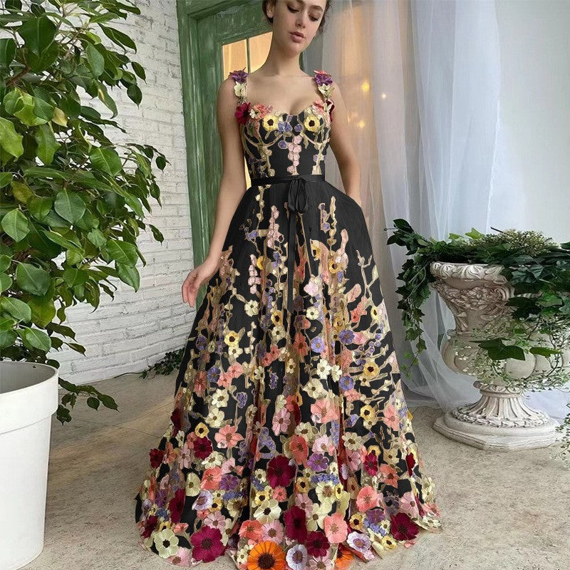 Women's Floral Embroidered V-Neck A-Line Maxi Dress