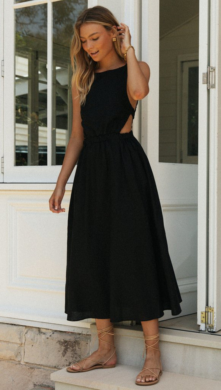 Solid-Color Sleeveless Round-Neck Backless Maxi A-Line Dress