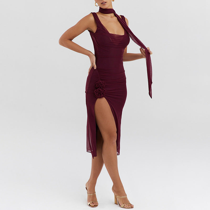 Women's Mesh Cowl-Neck Backless Split Bodycon Dress