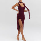 Women's Mesh Cowl-Neck Backless Split Bodycon Dress